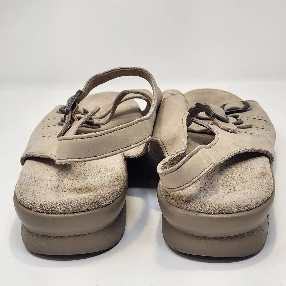 SAS Women Trio II Tripad Cream Leather Wedge Sandals Size 10M Three Strap Buckle